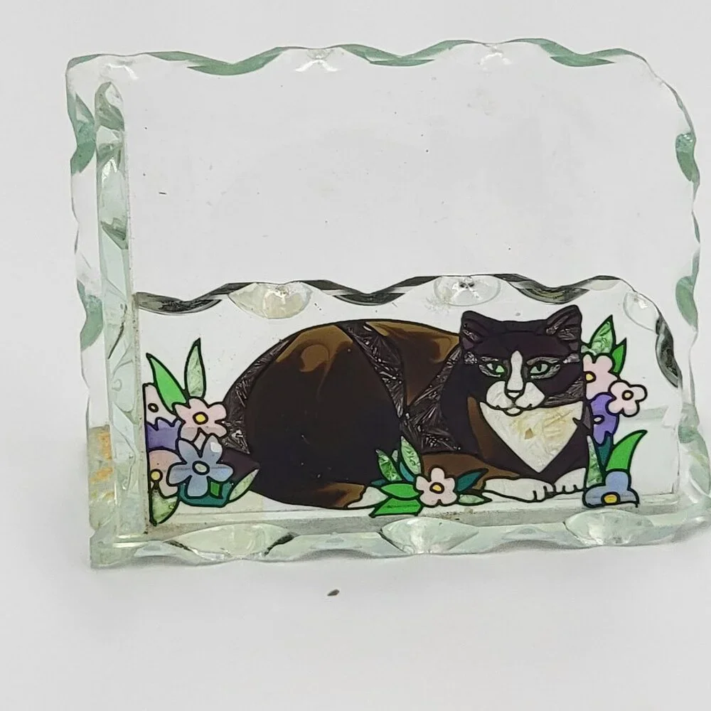 Vtg Tiffany Cats Hand Painted Glass Card Holder By Joan Baker